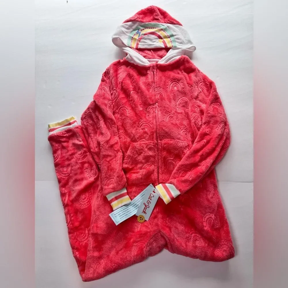 Cat & Jack Red with Rainbow Detail Hooded Sleepwear Plush Jumpsuit Size M (7/8)